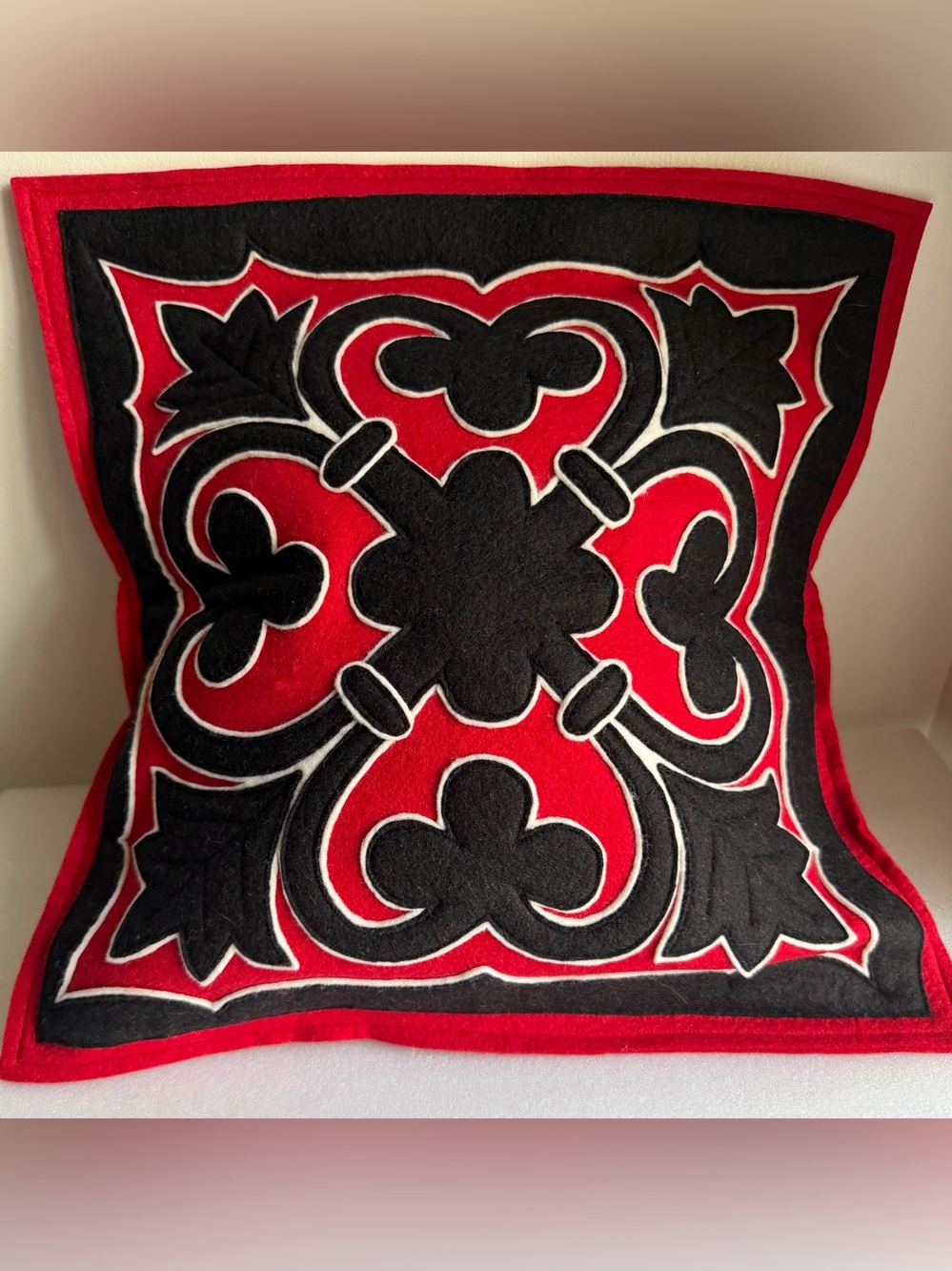 Sandor Hungary Retired NOS Applique Black & Red Folk Art Wool Pillow Cover 18x18